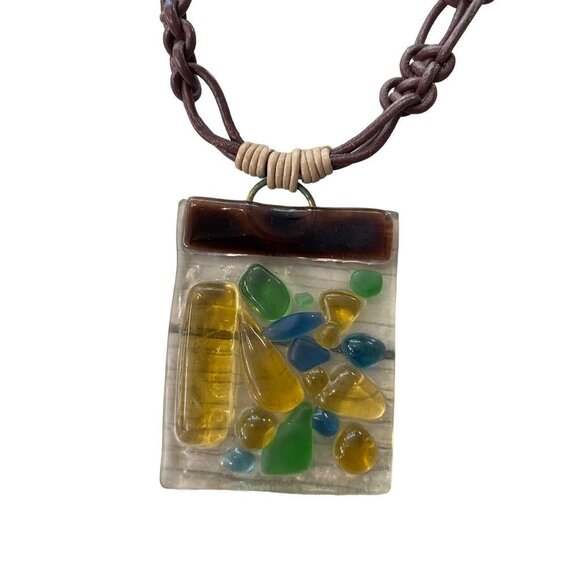 Art Glass Pendant Statement Necklace Mulitcolor 14" Toggle Clasp 2.2"h - Picture 10 of 16